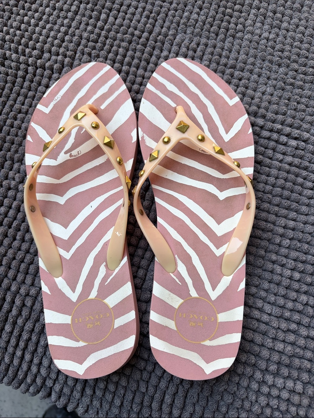 Coach Pink and White Zebra-Print Studded Thong Sandals
